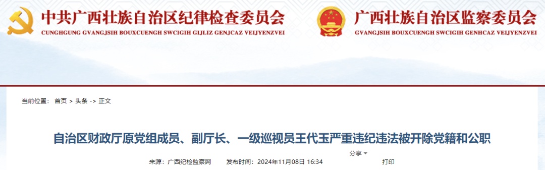 自治区财政厅原副厅长王代玉严重违纪违法被“双开”