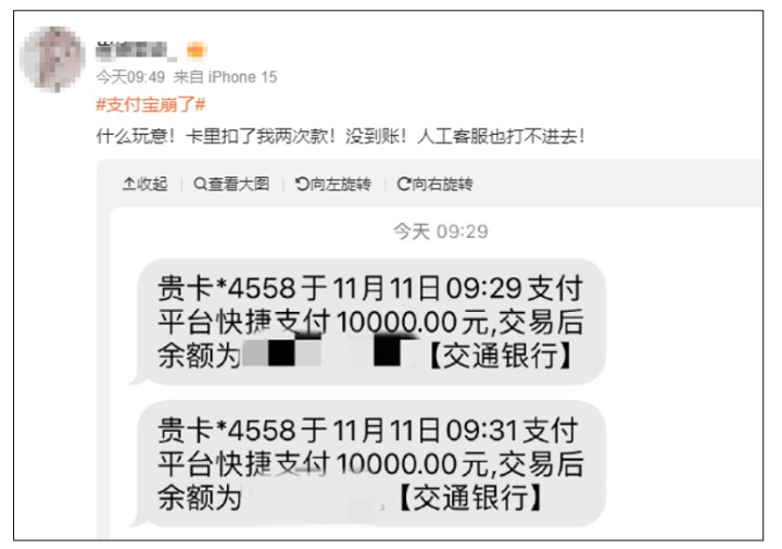双十一当天，支付宝崩了！多名网友称被重复扣款，还有人付不了钱……