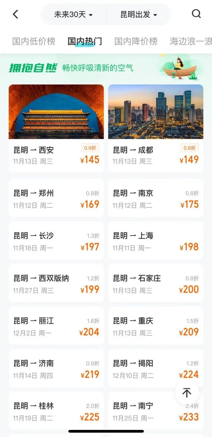 最低145元！昆明飞多个热门城市机票价格暴跌