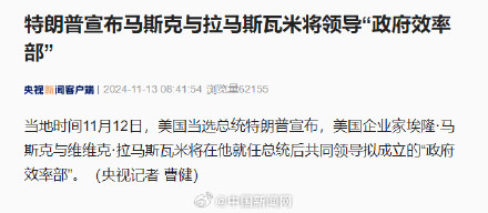 特朗普宣布:马斯克将领导美政府效率部 特朗普宣布:马斯克将领导美政府效率部