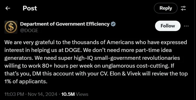 美“政府效率部”发招聘启事 马斯克补刀：树敌很多