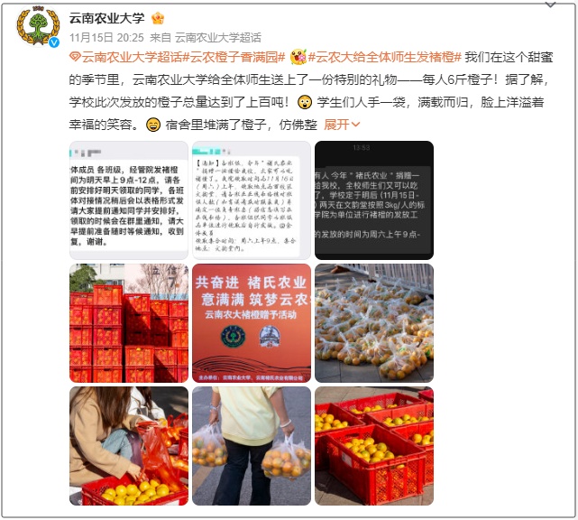 吃不完!根本吃不完!云南一高校给全体师生免费发褚橙!网友:羡慕的话已经说累了 吃不完!根本吃不完!云南一高校给全体师生免费发褚橙!网友:羡慕的话已经说累了