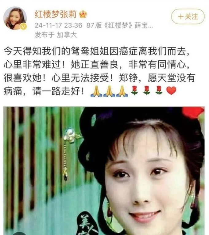 《红楼梦》贾母侍女鸳鸯扮演者郑铮离世，“薛宝钗”曾称其在临终病房与病魔作斗争