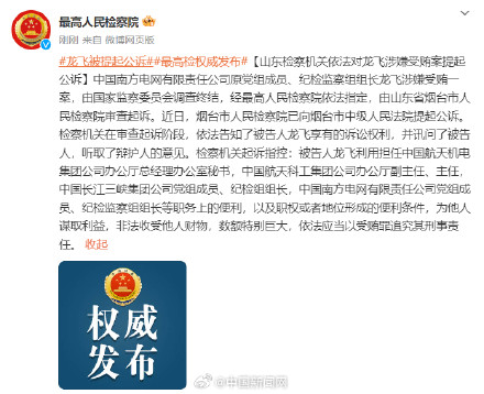 南方电网原纪检监察组组长龙飞被公诉 南方电网原纪检监察组组长龙飞被公诉