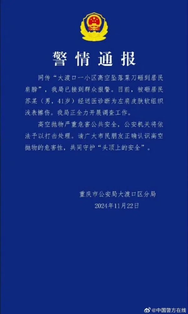 高空抛下的菜刀砸伤小区居民！重庆警方：正全力调查