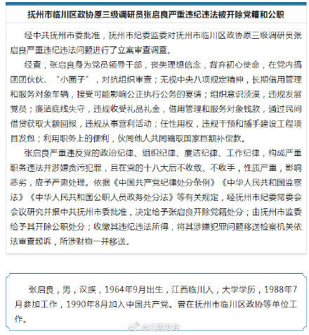抚州市临川区政协原三级调研员张启良严重违纪违法被开除党籍和公职