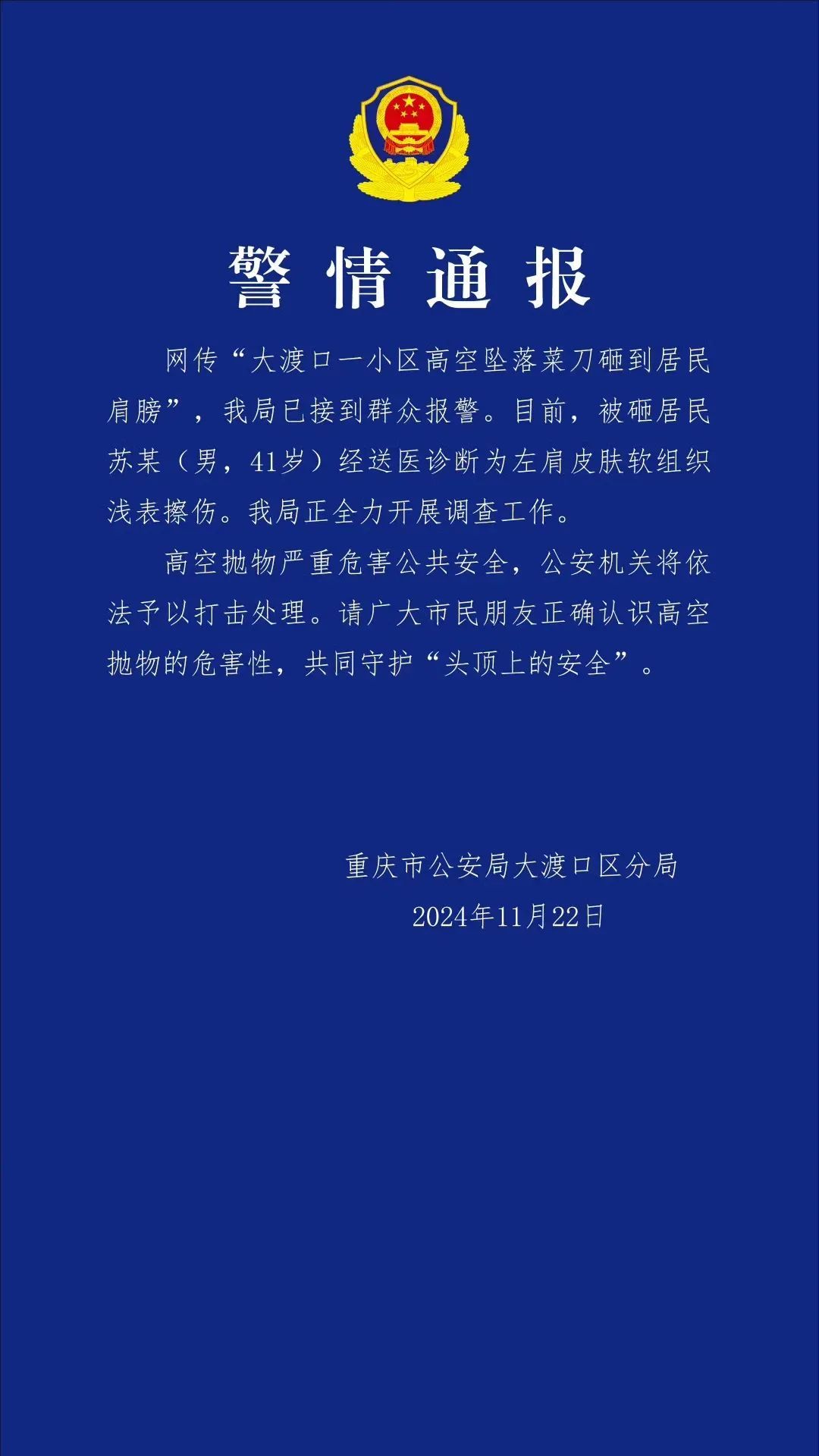 “天降”菜刀砸伤居民！犯罪嫌疑人被查获