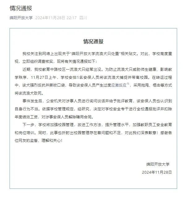 大学保安打死流浪狗,最新通报:已解聘 大学保安打死流浪狗,最新通报:已解聘