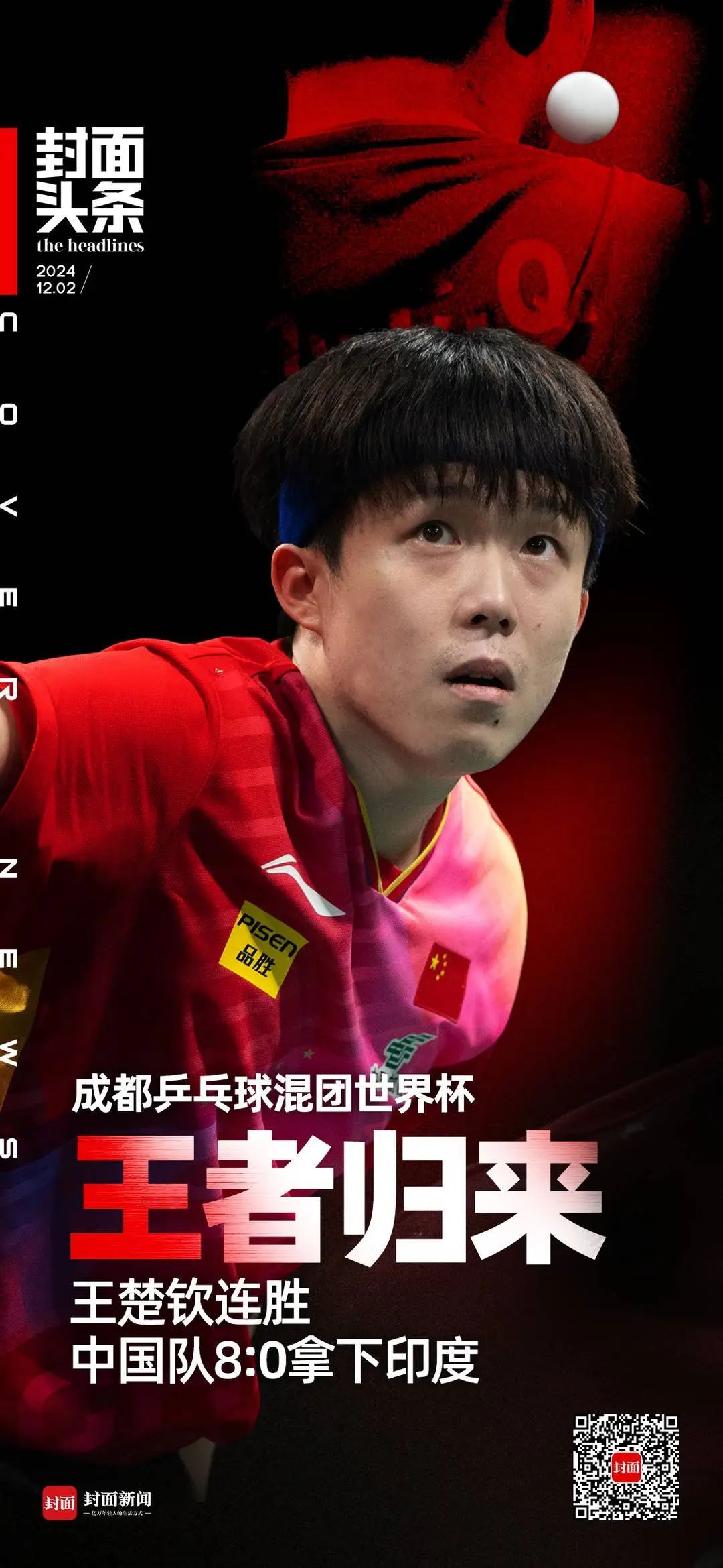 “王”者归来！王楚钦连胜，中国队8:0拿下印度