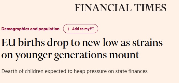 “跌至历史新低”!英媒:官方数据显示,欧盟27国2023年新出生人口数量为366.5万人 “跌至历史新低”!英媒:官方数据显示,欧盟27国2023年新出生人口数量为366.5万人
