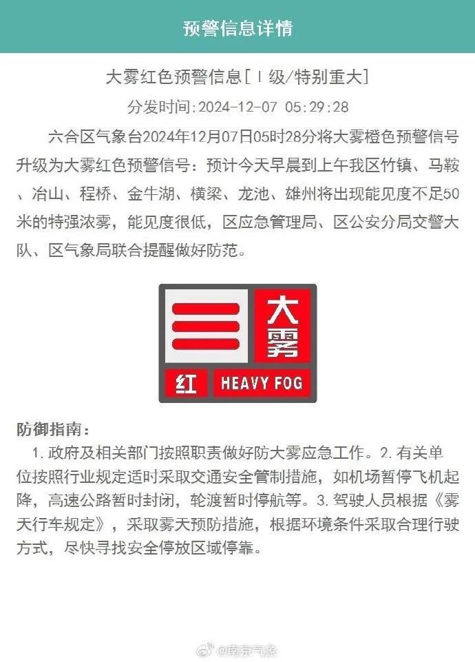 出行请注意！南京部分地区已升级为大雾红色预警