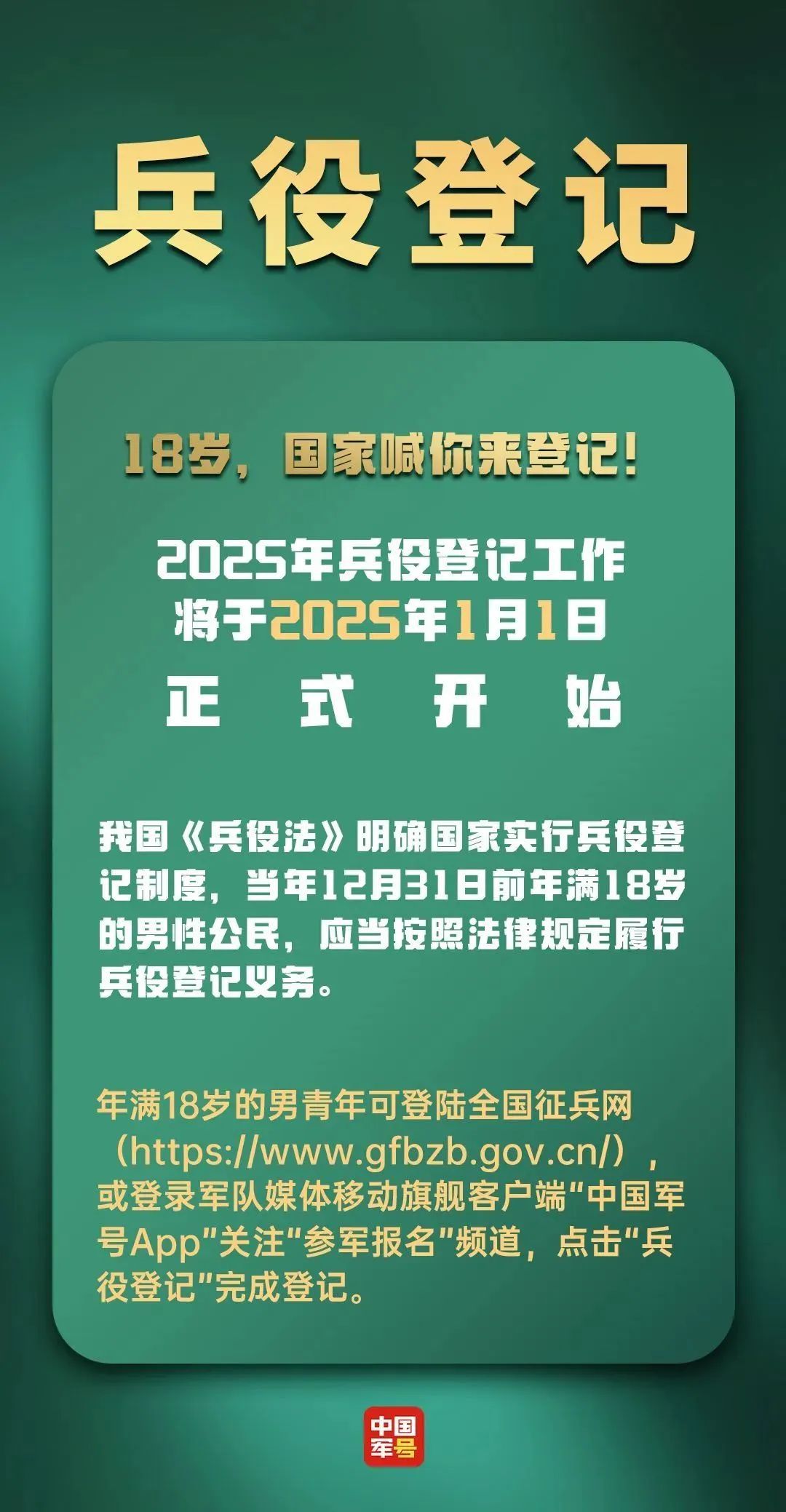 年满18岁的男性，都要登记！