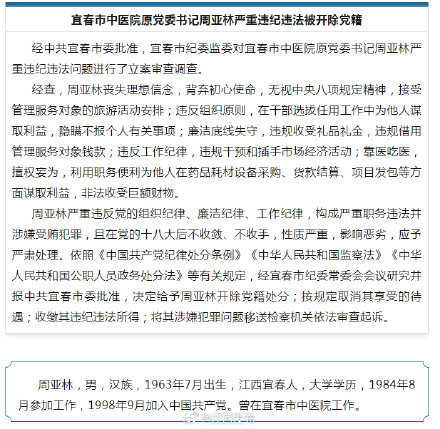 宜春市中医院原党委书记周亚林严重违纪违法被开除党籍