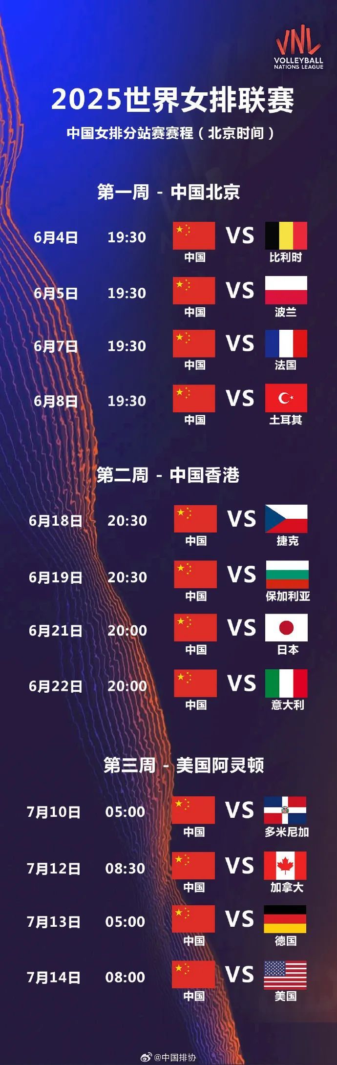 世界女排联赛赛程公布