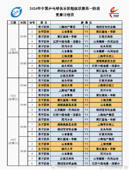 2024乒超联赛第一阶段竞赛日程公布