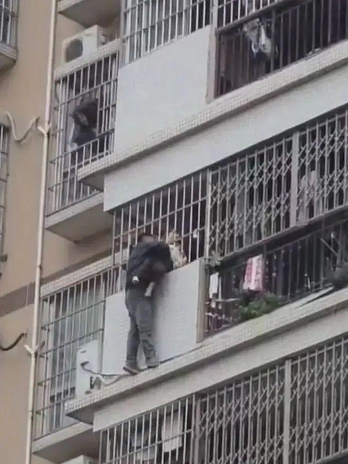 情急之下,广西男子从别人家的防盗网爬下! 情急之下,广西男子从别人家的防盗网爬下!