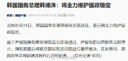 韩国国务总理韩德洙发表讲话
