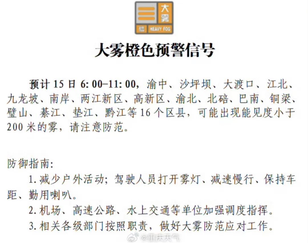 能见度小于200米!重庆发布大雾橙色预警 能见度小于200米!重庆发布大雾橙色预警