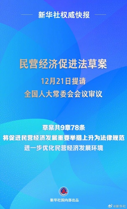 新华社权威快报｜民营经济促进法草案提请全国人大常委会会议审议