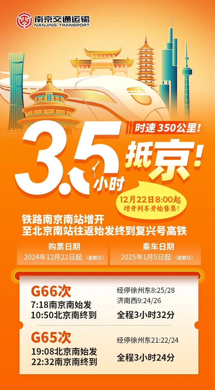 3.5小时！南京⇌北京始发终到高铁票22日开售！