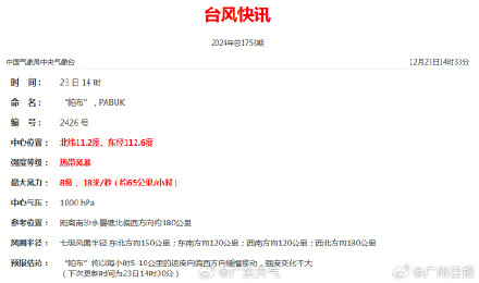 台风“帕布”生成，对广东陆地无直接影响海面将有大风