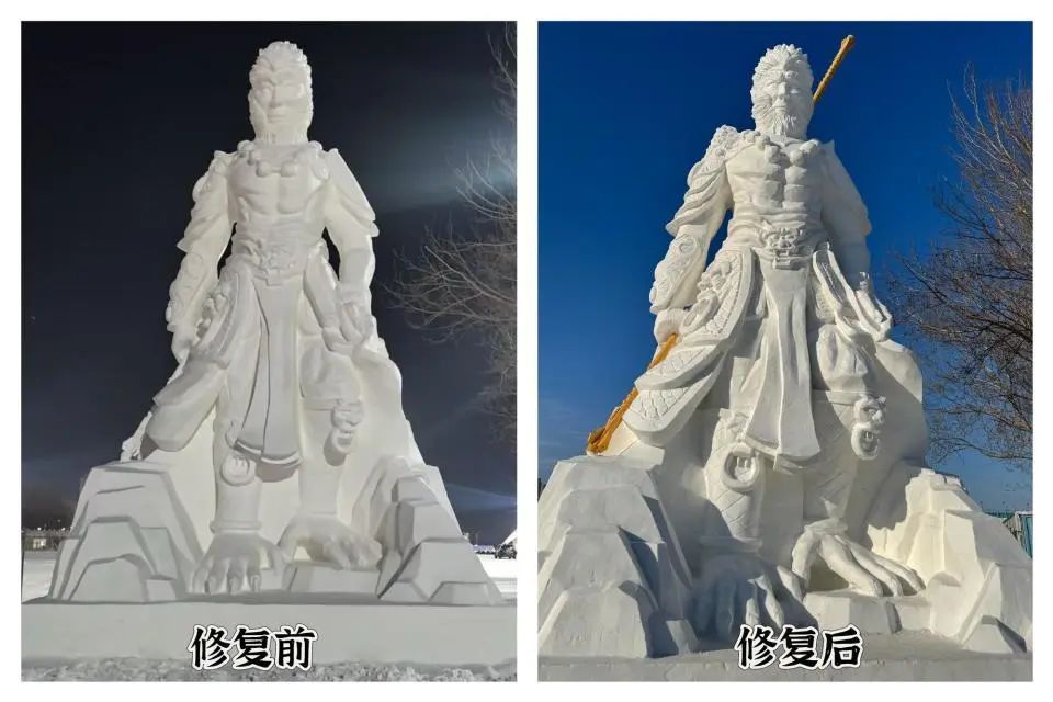 “黑悟空”雪雕自带苹果肌遭嘲讽，佳木斯文旅：连夜施工，成品超帅！