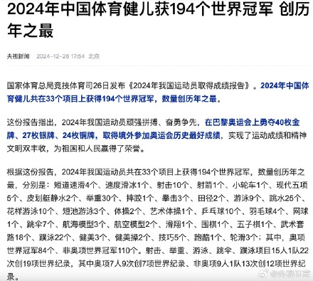 中国荣耀!2024年我国运动员获得194个世界冠军 中国荣耀!2024年我国运动员获得194个世界冠军