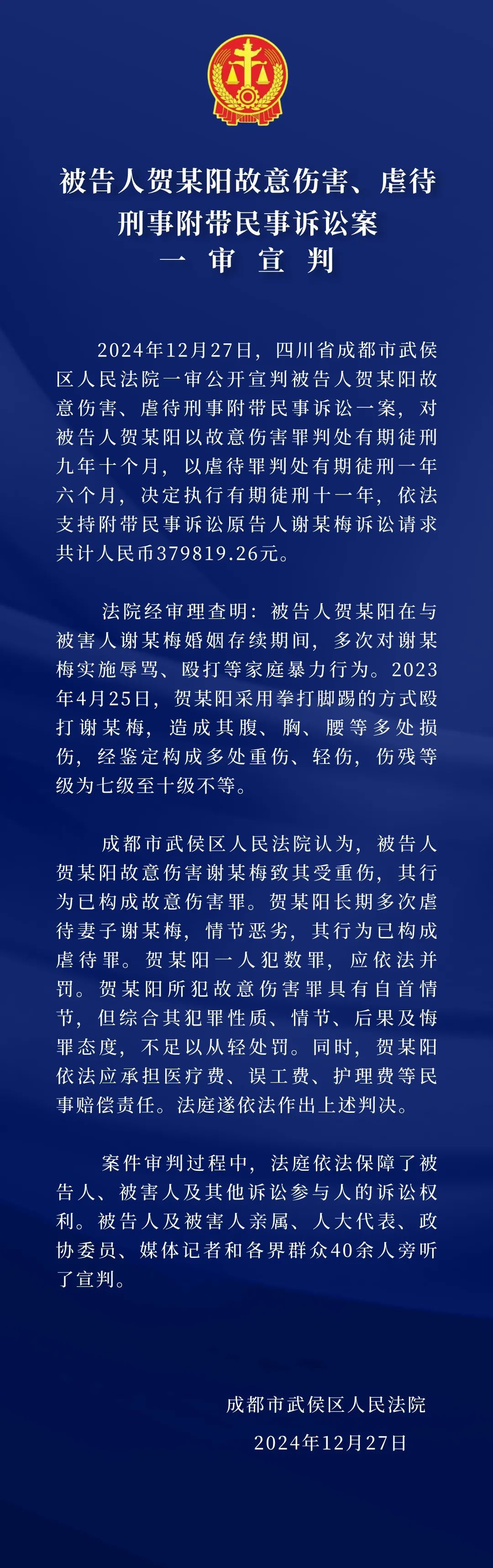 “女子两年遭家暴16次”案，判了！贺某阳当庭上诉