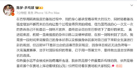 陈梦称退出世界排名