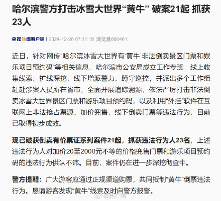 冰雪大世界“黄牛”倒票23人被抓 冰雪大世界“黄牛”倒票23人被抓
