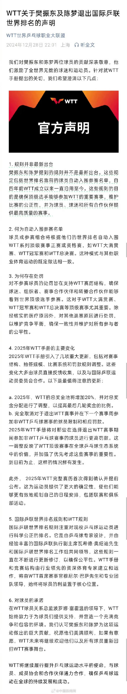 WTT发文回应樊振东陈梦退出排名