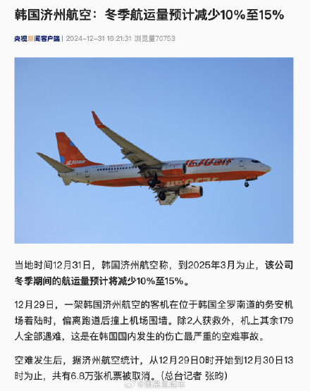 韩国济州航空冬季航运量或少10%至15% 韩国济州航空冬季航运量或少10%至15%