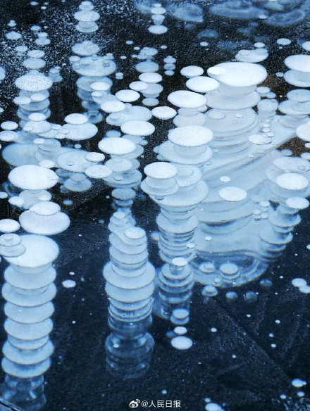 可爱！湖面冻出可爱冰泡泡