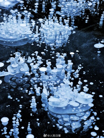 可爱！湖面冻出可爱冰泡泡
