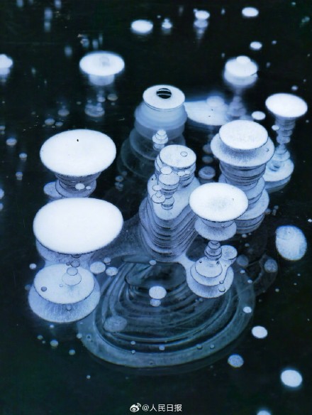 可爱！湖面冻出可爱冰泡泡