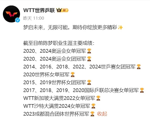 WTT发文感谢陈梦：梦想成真，深情告别