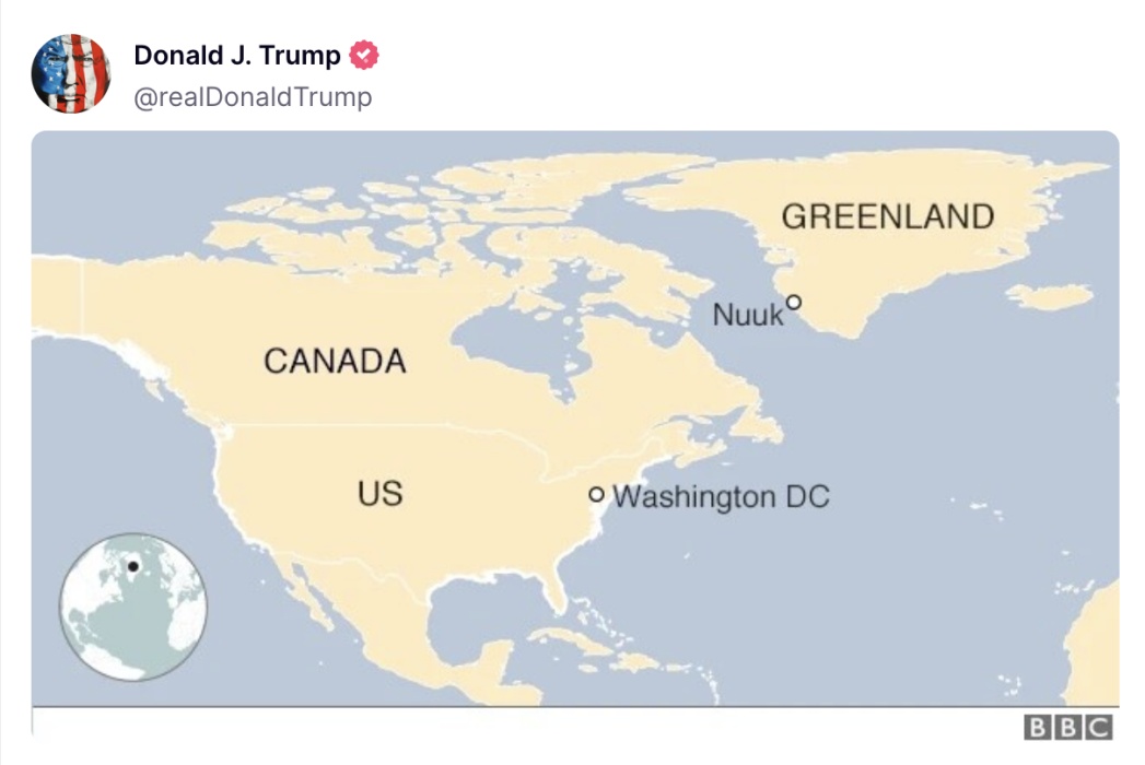 继续拱火？特朗普发了张“新地图”：美国、加拿大和丹麦格陵兰岛均用统一颜色标记