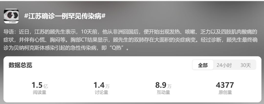 警惕！发现一例罕见传染病“Q热”！在极端环境中可保持长达几个月的感染性