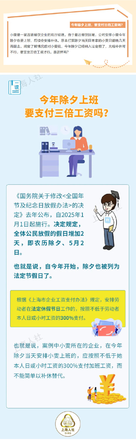 今年除夕上班，要支付三倍工资吗？春节8天如何支付加班工资？来看权威解答→