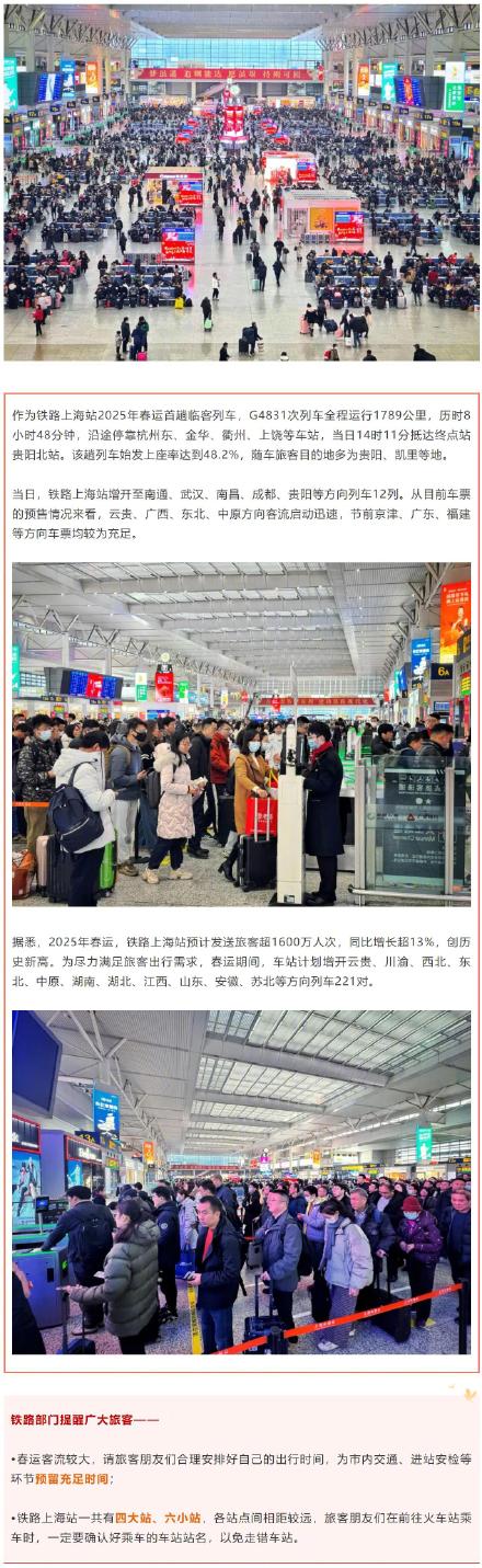 春运首日铁路上海站预计发送旅客36万人次！今年春运首趟临客列车今晨发车
