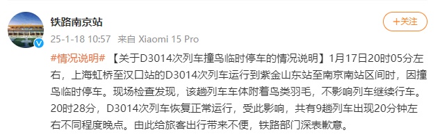 列车撞鸟致延误，铁路部门致歉