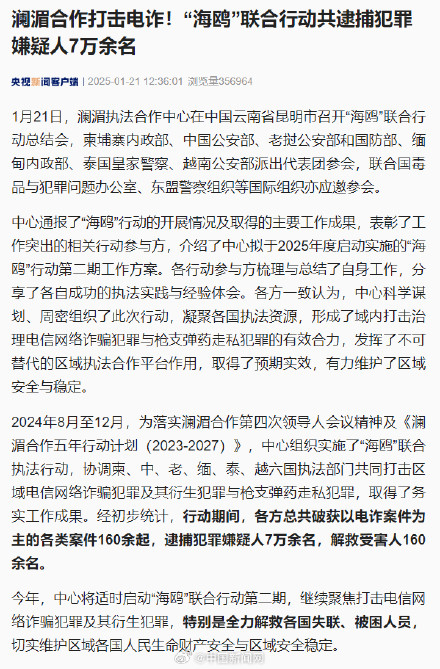 澜湄合作打击电诈！海鸥联合行动逮捕嫌犯7万余名