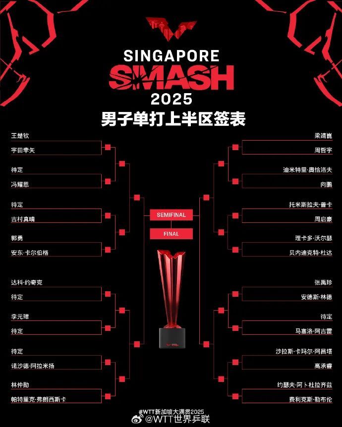 WTT新加坡大满贯抽签结果出炉！王楚钦首轮对阵宇田幸矢