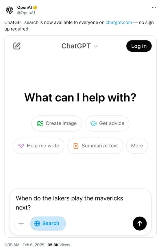 OpenAI：免费开放ChatGPT搜索，无需注册