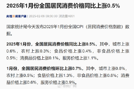 今年1月CPI同比上涨0.5%