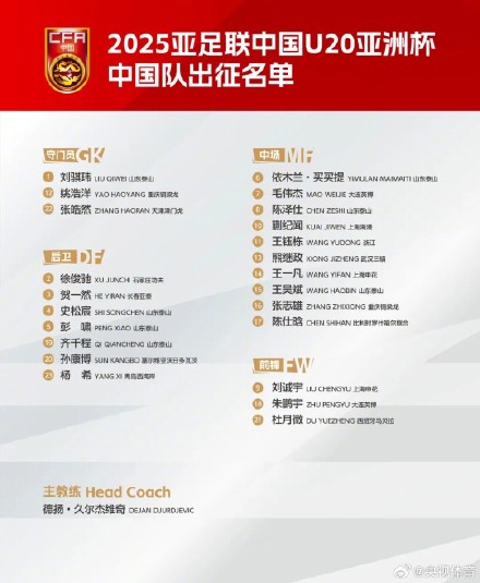 2025中国U20亚洲杯中国队出征名单公布 山东泰山7人入选