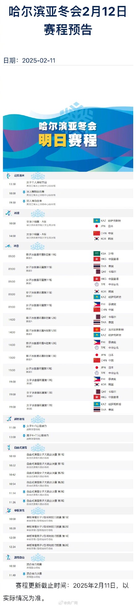 2月12日亚冬会赛程速览