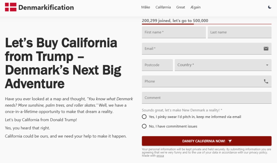 20万丹麦人签名：众筹万亿美元买下加利福尼亚州