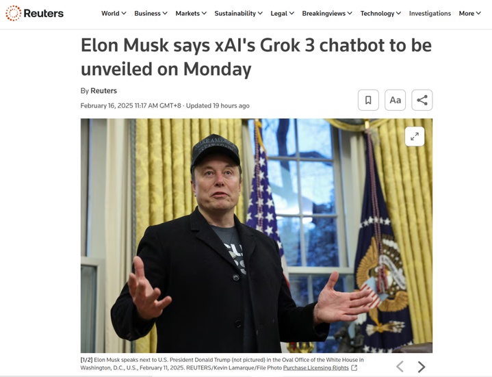 马斯克称xAI的Grok 3聊天机器东说念主行将发布
