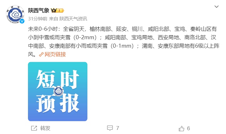 未来6小时,陕西多地将有雨雪天气,西安此处已下雪→ 未来6小时,陕西多地将有雨雪天气,西安此处已下雪→